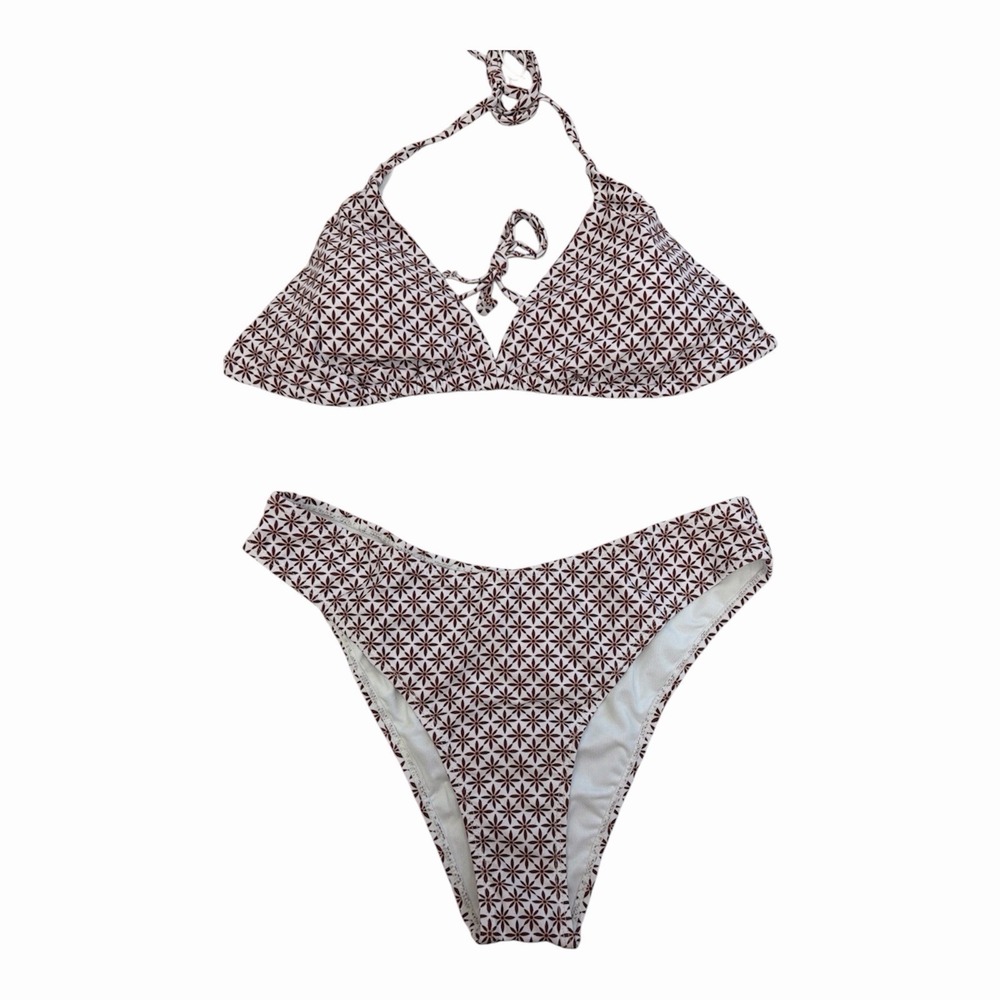 HAS TIMES Floral Triangle Halter Bikini Set 2-Piece White/Brown Size L